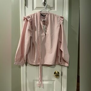 DÈLUC Women's Pink Stripe Ruffle-Shoulder Blouse S